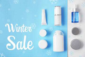 Makeup and beauty sale concept. Cosmetics on colorful background