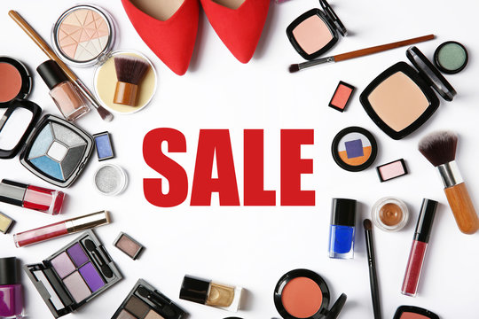 Makeup and beauty sale concept. Cosmetics on white background