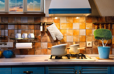 Fototapeta na wymiar Interior blue kitchen.