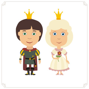 Cute prince and princess in cartoon style. Isolated prince and princess on white background.