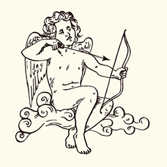 Cupid sitting on the cloud and shoots arrows from his bow, hand drawn doodle, sketch in pop art style, vector