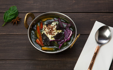 Vegan and vegetarian indian restaurant dish, spicy rice with vegetables