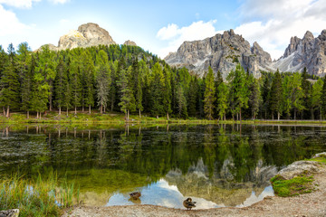 Lago Antorno, Dolomites, Lake mountain landcape with Alps peak reflection