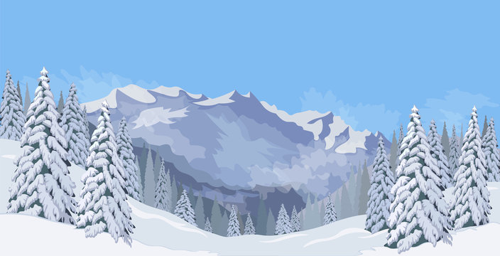 Winter Mountain Landscape Fir Snow Vacation Background Blue Sky Vector
