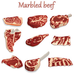 set of fresh steaks delicious marbled beef on a white background