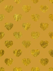 Golden hearts on a yellow background. The theme of love and Valentines Day. Beautiful festive shiny pattern. Rectangular vertical orientation