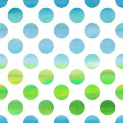 Green and blue watercolor seamless texture with polka dots