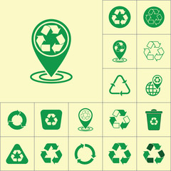 recycle pin location icon on yellow background, recycling set