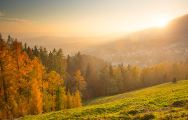 Fototapeta na wymiar autumn landscape with town at sunset