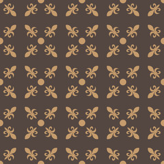 Fleur de lis in diagonal arrangement with dot in the middle. Abstract retro geometrical seamless pattern. Beige vector illustration on brown background.