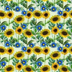 Seamless pattern with sunflowers and wildflowers