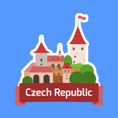 Czech Republic badge with a typical czech castle. Isolated vector illustration.