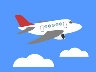 Simple cartoon plane flying over clouds. Isolated on blue sky. Vector illustration.
