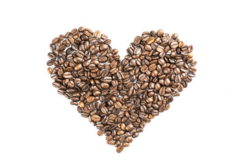 heart made of coffee beans on on white background isolated