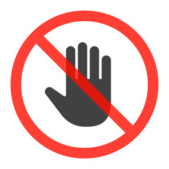 Hand icon in prohibition red circle, do not touch ban sign, forbidden symbol. Vector illustration isolated on white