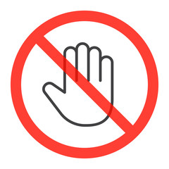 Hand line icon in prohibiting red circle, do not touch ban sign, Forbidden symbol. Vector illustration