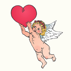 Little cute amour presenting big heart, hand drawn doodle, sketch in pop art style, vector