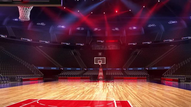 Basketball court with people fan. Sport arena. Ready to start championship. 3d render. Moving lights. With people