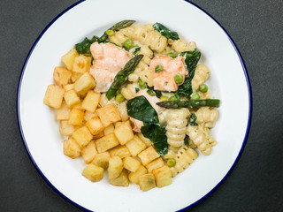 Italian Style Food Salmon and Asparagus Primavera