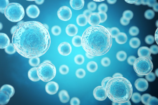 Human or animal cells on blue background. Medicine scientific concept. 3d rendering