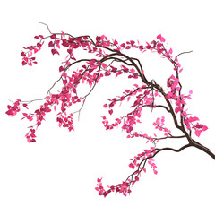 Love tree branch with pink heart-shaped leaves, isolated on white background. Valentine's Day concept. 3D rendering.