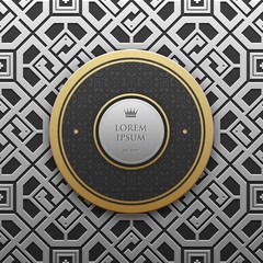 Round text banner template on silver/platinum metallic background with seamless geometric pattern. Elegant luxury style.