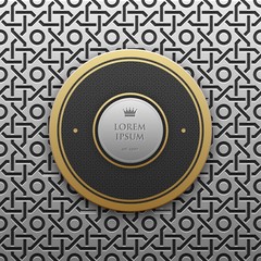 Round text banner template on silver/platinum metallic background with seamless geometric pattern. Elegant luxury style.