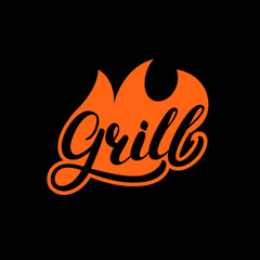 Grill hand written lettering logo, label, madge or emblem with fire.