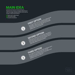 Modern design template with three flowing options in flat style on dark gray background. Useful for corporate presentations and advertising.