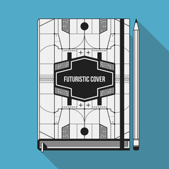 Book cover design template. Notebook mockup. Geometric futuristic elements.