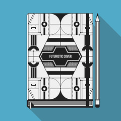 Book cover design template. Notebook mockup. Geometric futuristic elements.