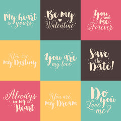 Happy Valentine's Day Hand Lettering - Typographical Background Set  On Chalkboard with ornaments, hearts, ribbon, angel and arrow