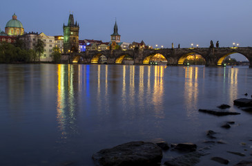 Fototapeta na wymiar Prague, Czech Republic View at The Charles Bridge and Vltava river in Prague in dusk .