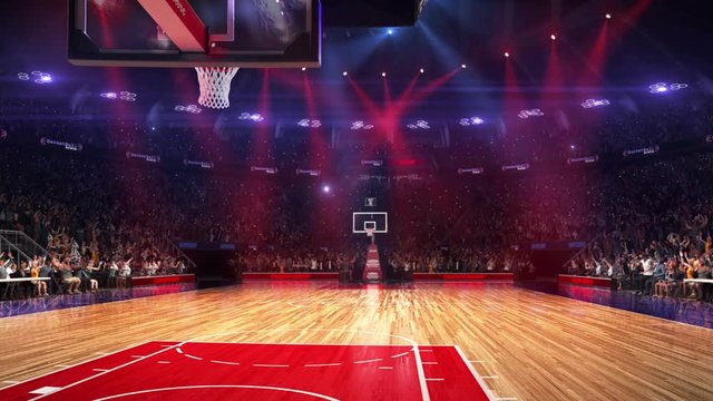 Basketball court with people fan. Sport arena. Ready to start championship. 3d render. Moving lights. With people