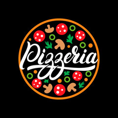 Pizzeria hand written lettering logo, label, badge or emblem.