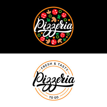 Set of pizzeria hand written lettering logo, label, badge or emblem.
