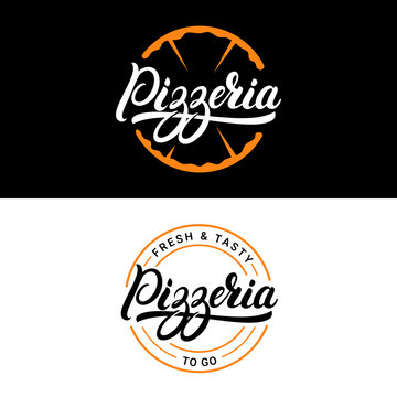 Set of pizzeria hand written lettering logo, label, badge or emblem.