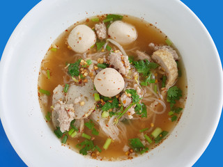 Thai traditional noodles food with pork and meat ball