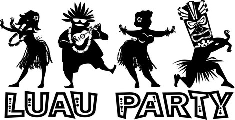 Banner for luau party with people dressed in traditional costumes, EPS 8 vector silhouette, no white objects