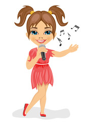 Cute little girl in red dress with microphone sings song. Isolated on white background