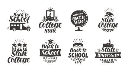 School, education set icons. Beautiful calligraphic lettering. Label vector illustration