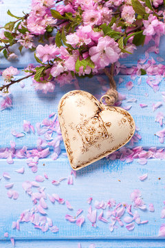 Fresh pink  sakura flowers and decorative heart on blue wooden p