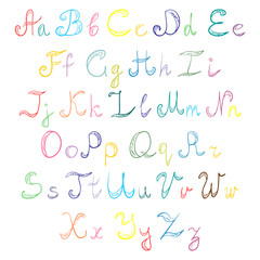 Hand Drawn Doodle Font. Children Drawings of Colorful Scribble Alphabet. Vector Illustration.