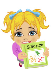 top view of cute little girl offering science book