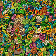 Cartoon cute doodles hand drawn Indian culture seamless pattern