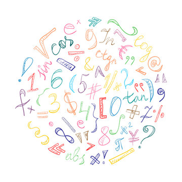 Colorful Hand Drawn Doodle Symbols and Numbers. Scribble Signs Arranged in a Circle. Vector Illustration.