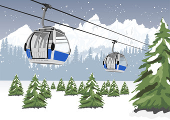blue cable car lift at ski resort in winter in front of majestic mountains