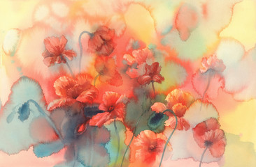 sunny poppy field watercolor - obrazy, fototapety, plakaty