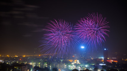 Firework on Hanoi liberation 60th day at Hoan Kiem lake, Hanoi, Vietnam