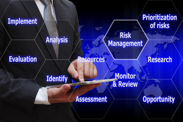 Business man touching modern tablet with virtual panel of icon p